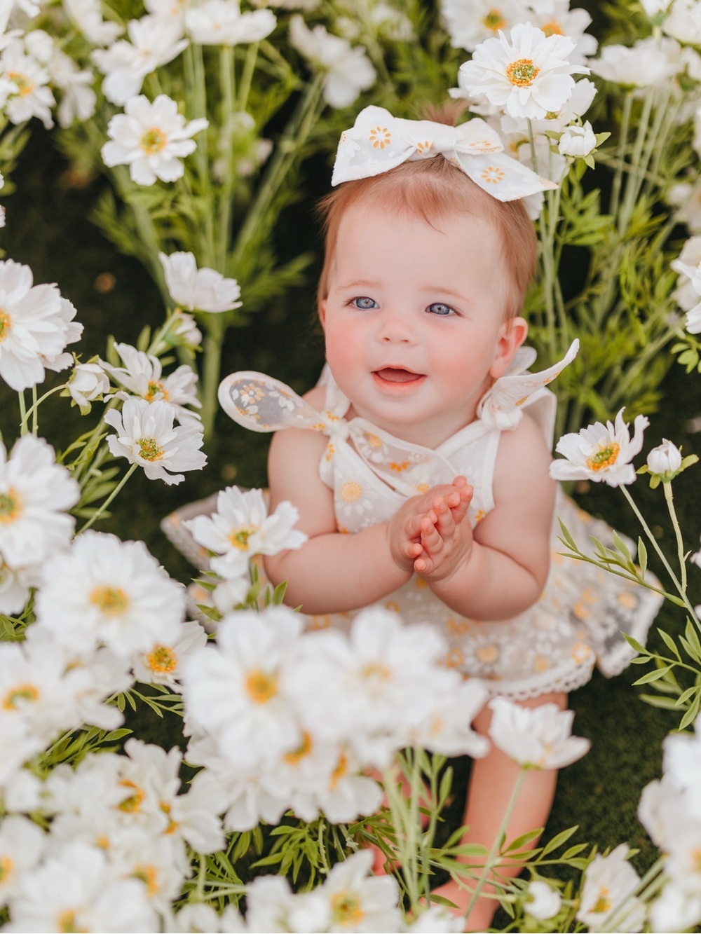 Chloe & Amelie Daisy Organza Eyelet Bubble Romper w/ Matching Bow 6M Baby Girl